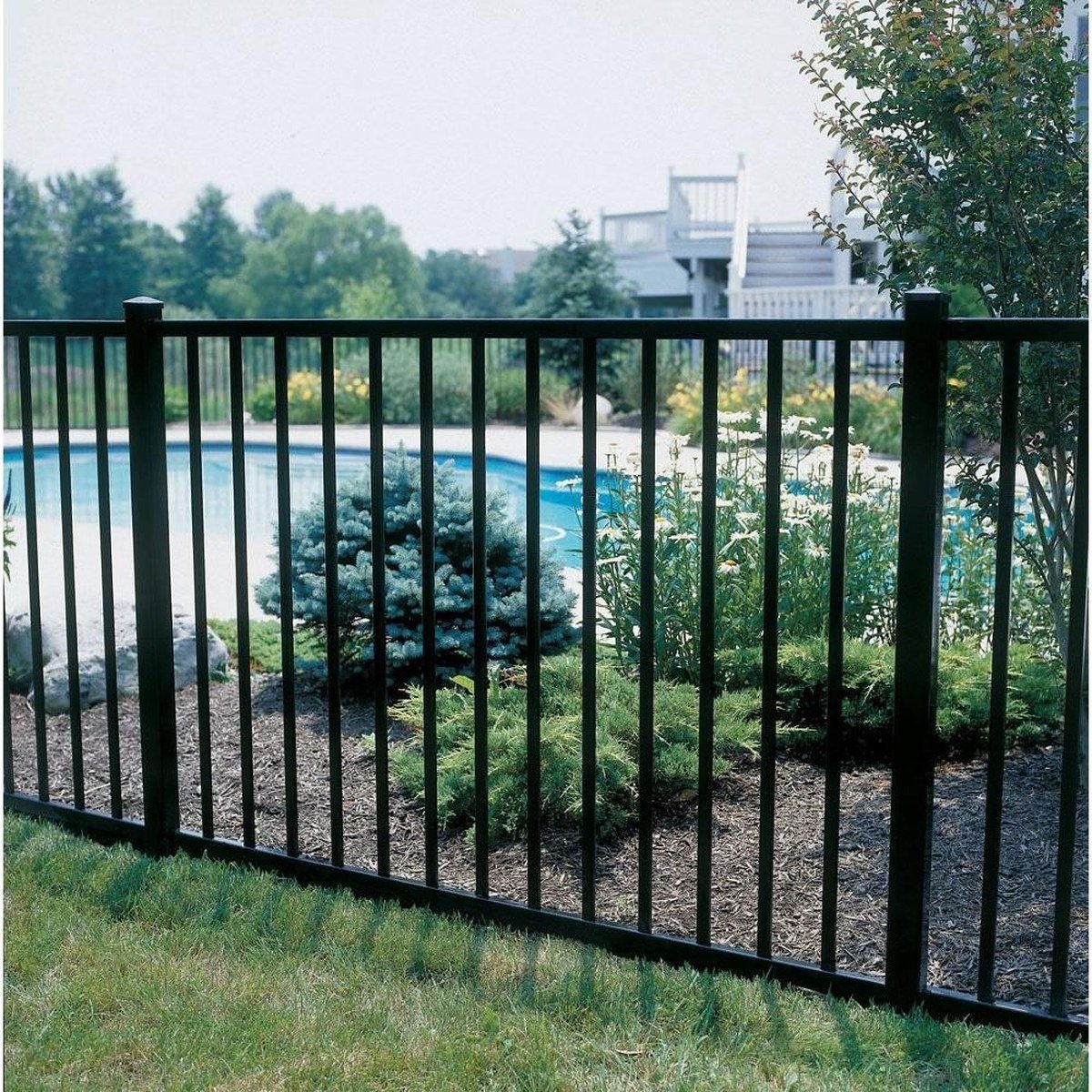 4-foot black aluminum two-picket fence around a pool and garden